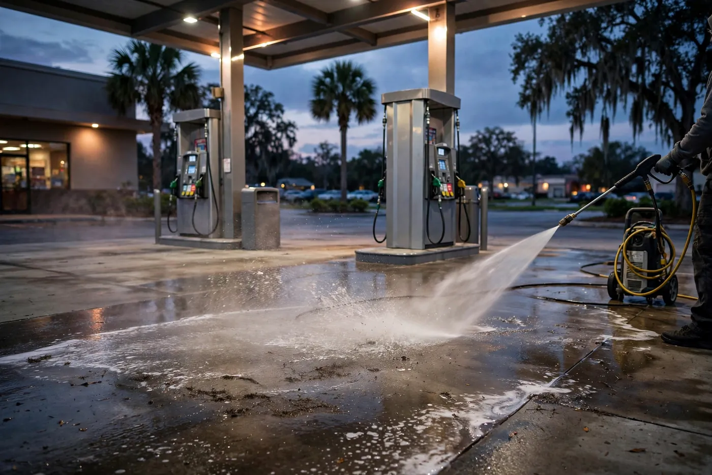 Gas Station & Convenience Store Pressure Washing: Fuel Stains & Compliance