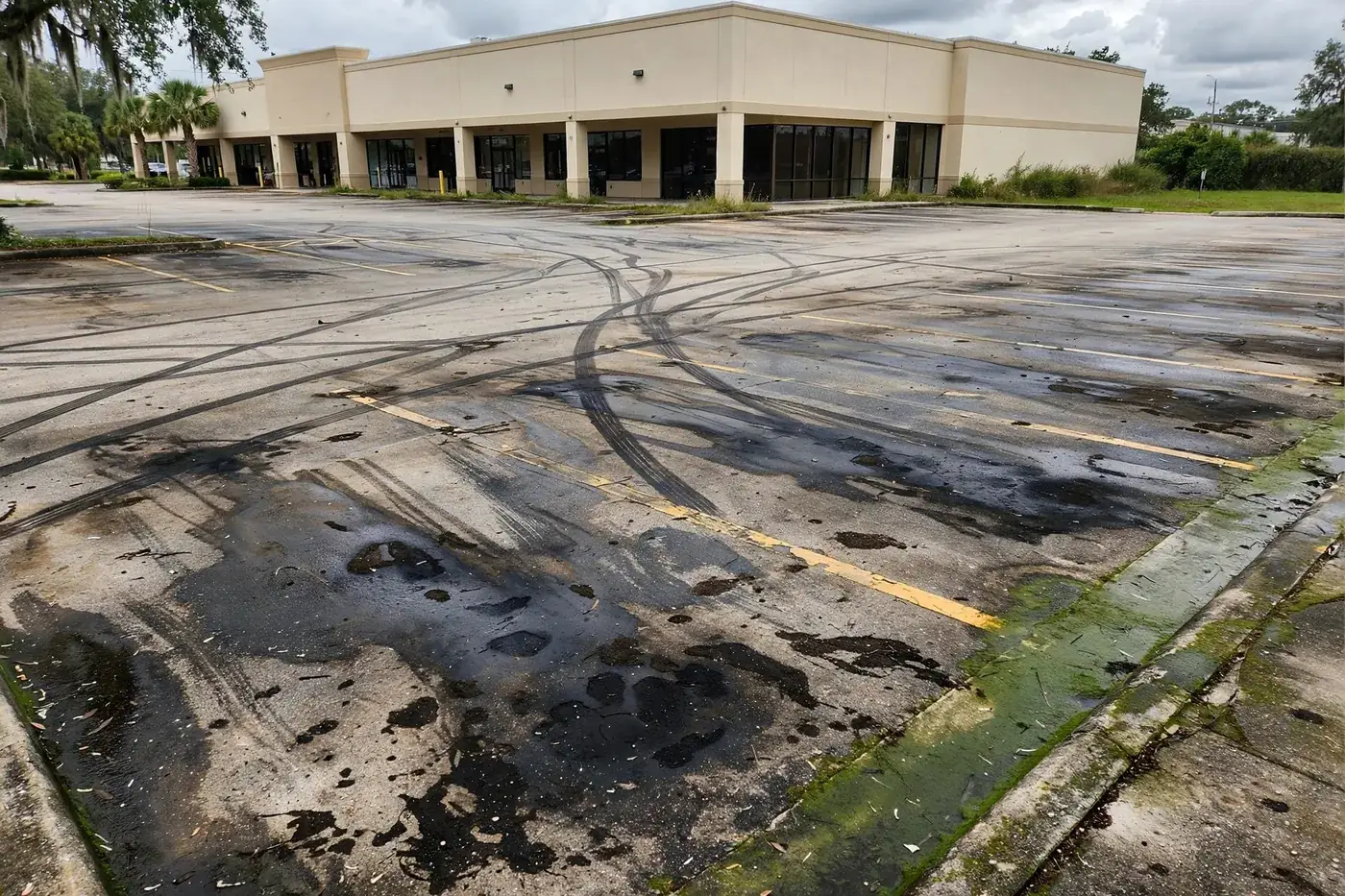 Dirty commercial lot before pressure washing Southside Jacksonville FL
