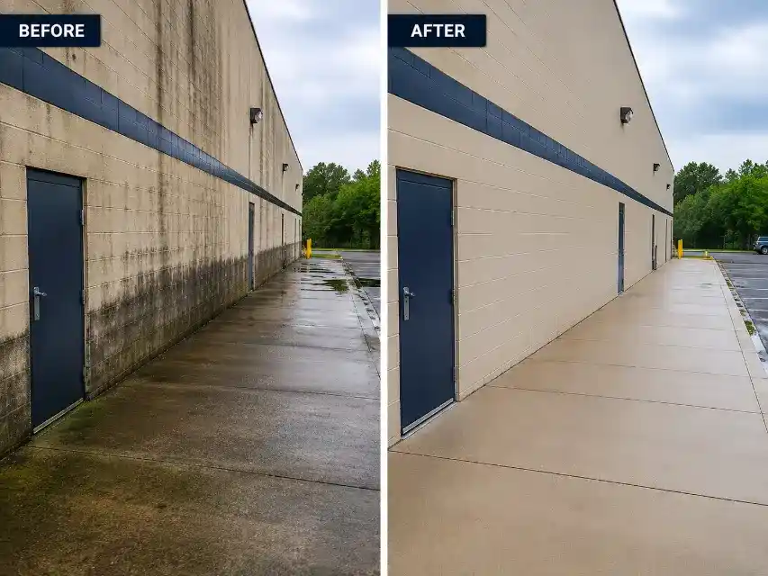 Professional commercial pressure washing cleaning a building